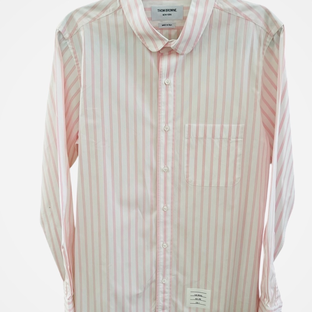 Men’s Thom Brown Classic Round Collar Long Sleeve Pink White Shirt Size 3 Large
